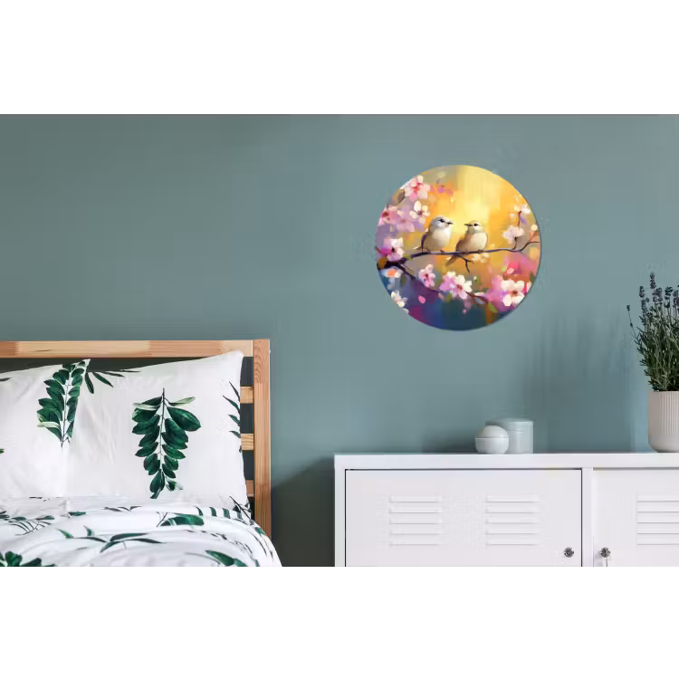 Vogels - Bloemen - Roze Wandcirkel aluminium klein -slaapkamer