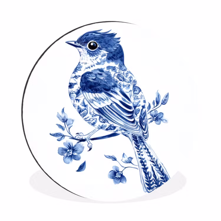 Vogel - Delfts blauw - Illustratie - Bloemen Wandcirkel aluminium klein -3d