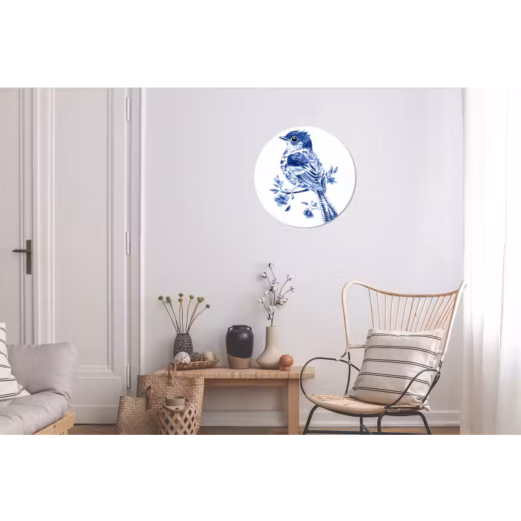 Vogel - Delfts blauw - Illustratie - Bloemen Wandcirkel aluminium klein -woonkamer