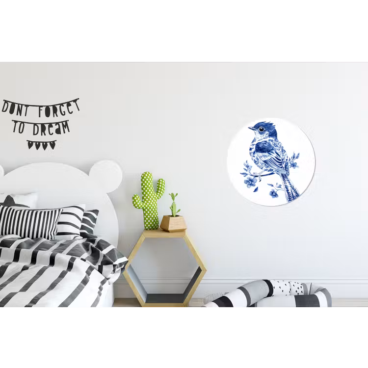 Vogel - Delfts blauw - Illustratie - Bloemen Wandcirkel aluminium klein -kinderkamer