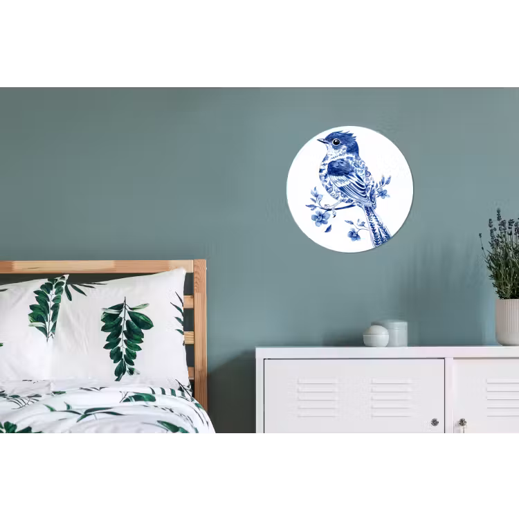 Vogel - Delfts blauw - Illustratie - Bloemen Wandcirkel aluminium klein -slaapkamer