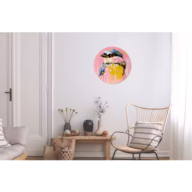 Vogel - Roze - Geel - Blauw Wandcirkel aluminium klein -woonkamer
