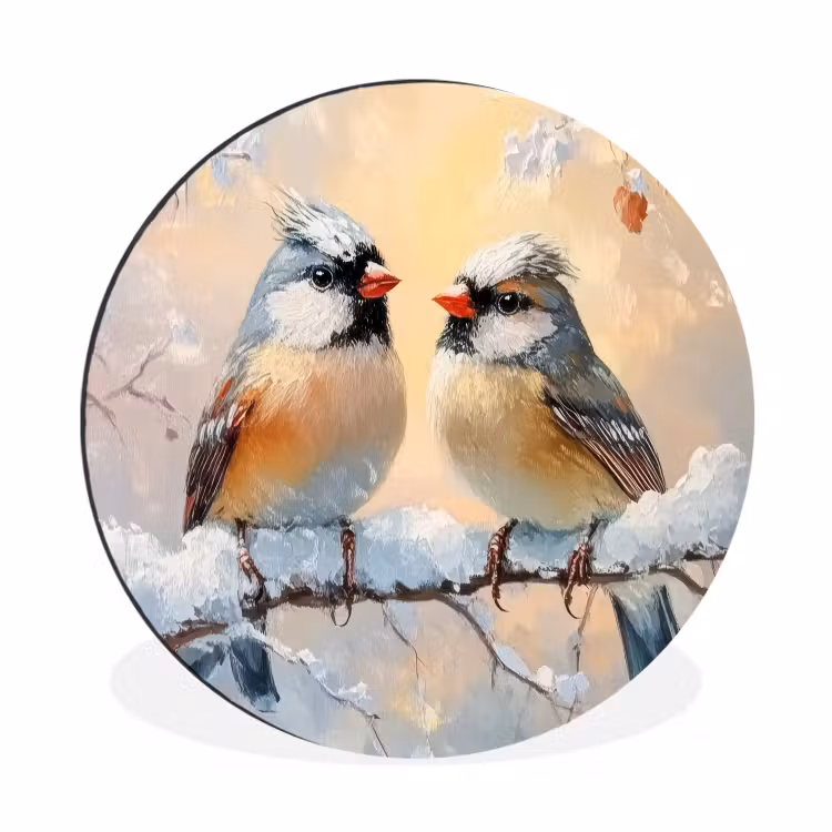Vogels - Tak - Winter - Sneeuw Wandcirkel aluminium klein -3d