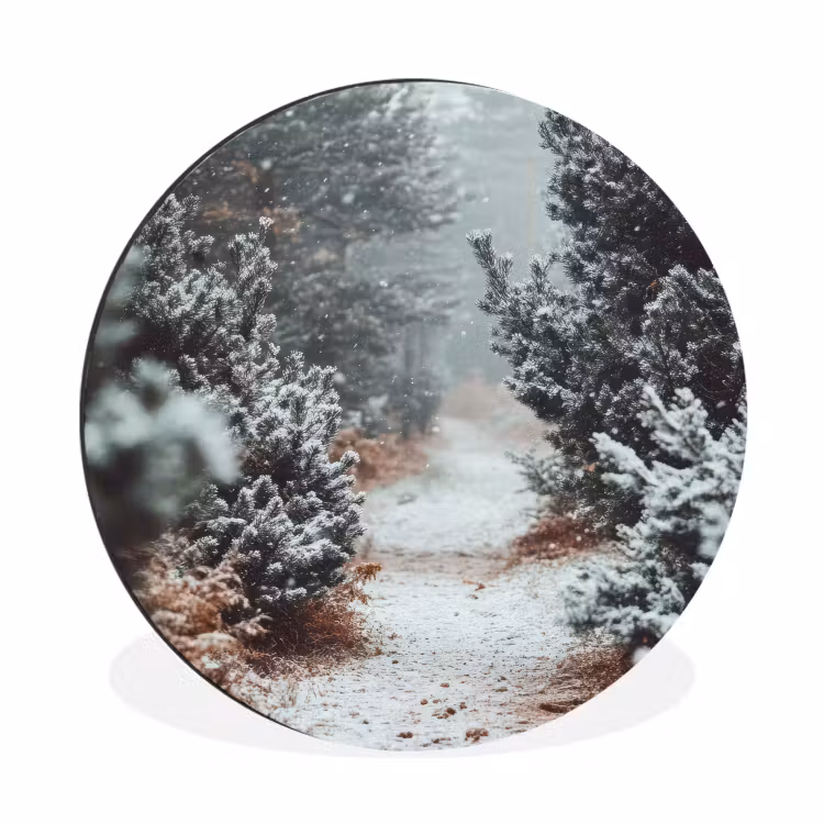 Bos - Winter - Bomen - Natuur - Pad - Sneeuw Wandcirkel aluminium klein -3d