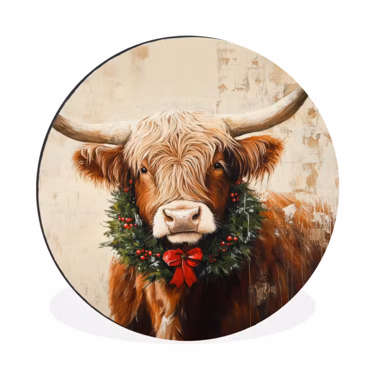 Kerst - Schotse Hooglander - Bruin - Krans Wandcirkel aluminium klein -3d
