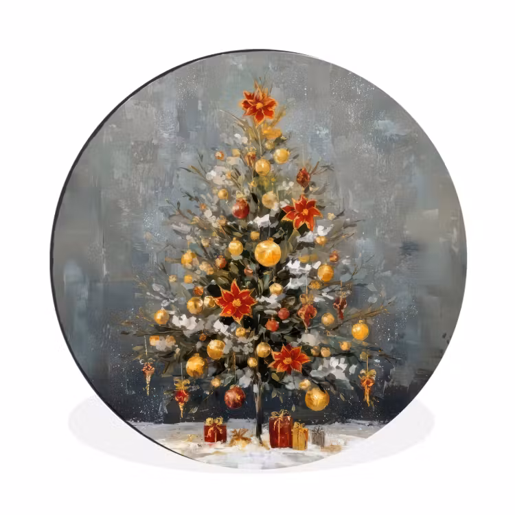 Kerstboom - Cadeaus - Rood - Goud Wandcirkel aluminium klein -3d