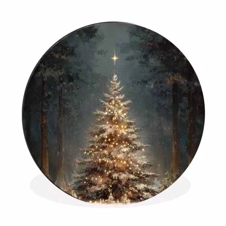 Kerstboom - Bos - Sneeuw - meerkleurig Wandcirkel aluminium klein -3d