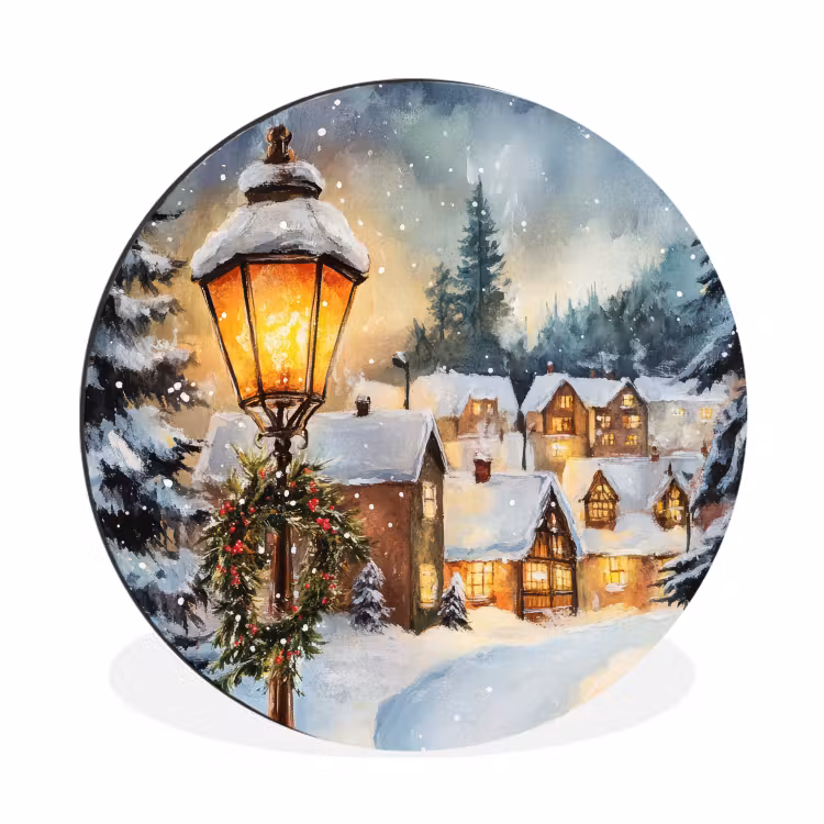 Kerstdorp - Huizen - Sneeuw - Kerst Wandcirkel aluminium klein -3d