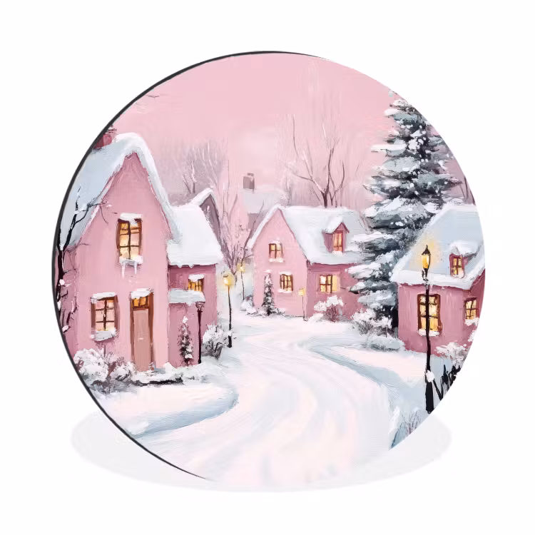Kerstdorp - Roze - Winter - Sneeuw - Huizen Wandcirkel aluminium klein -3d