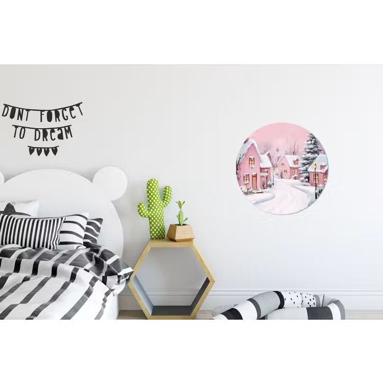 Kerstdorp - Roze - Winter - Sneeuw - Huizen Wandcirkel aluminium klein -kinderkamer