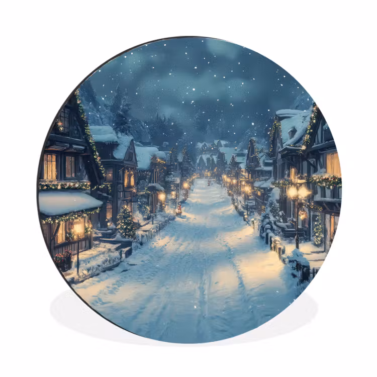 Kerstdorp - Kerst - Sneeuw - Winter Wandcirkel aluminium klein -3d