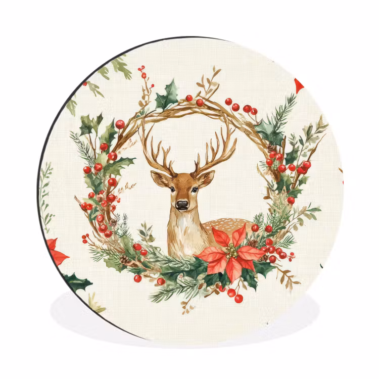 Kerstkrans - Hert - Hulst - Rood Wandcirkel aluminium klein -3d