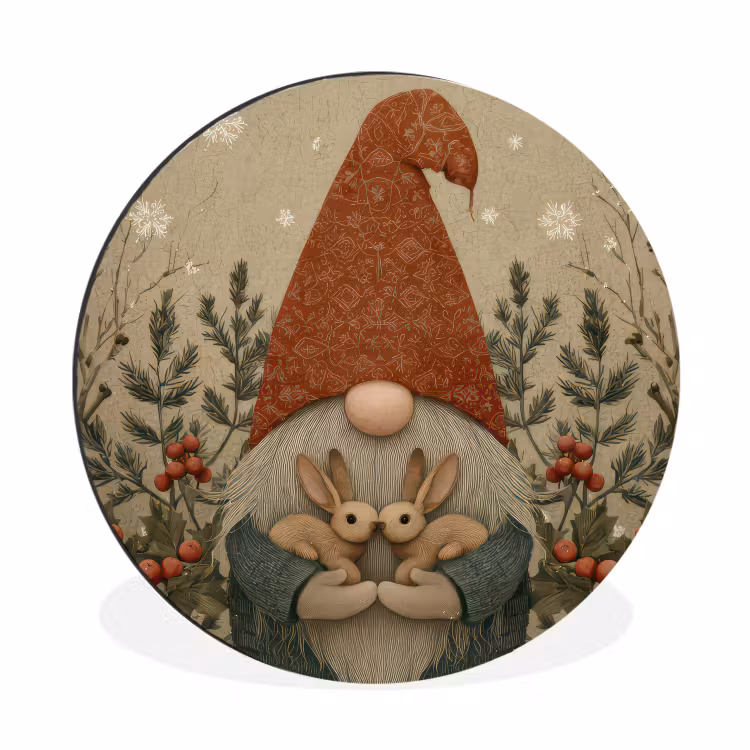 Kerstgnome - Konijntjes - Kleurrijk Wandcirkel aluminium klein -3d