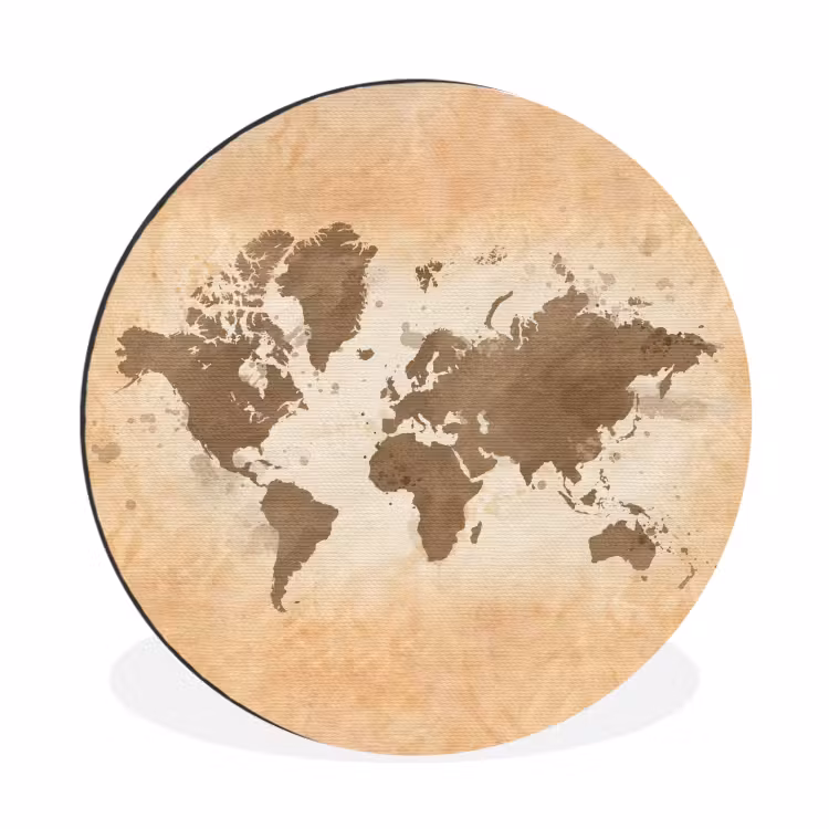 Wereldkaart - Beige - Bruin Wandcirkel aluminium klein -3d