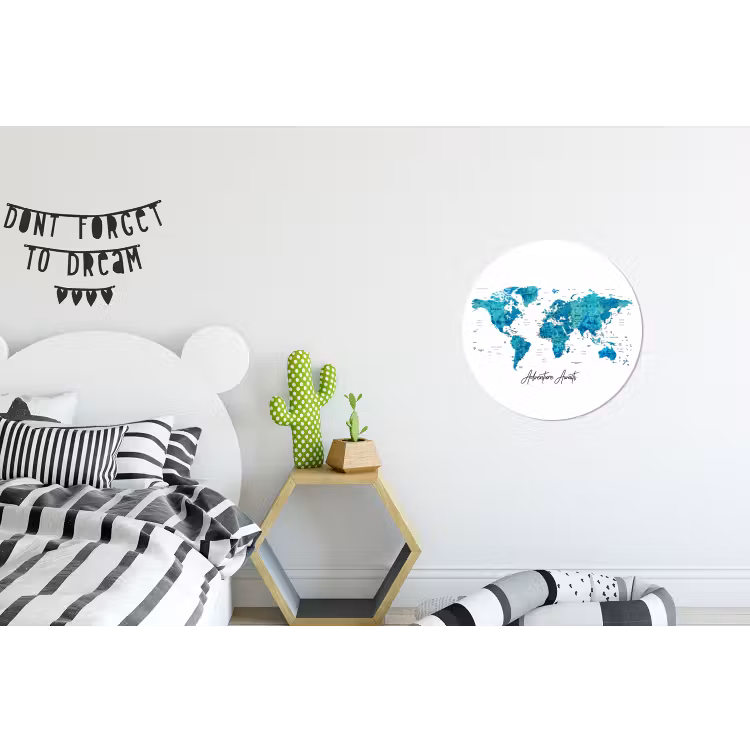 Wereldkaart - Blauw - Kleurrijk Wandcirkel aluminium klein -kinderkamer