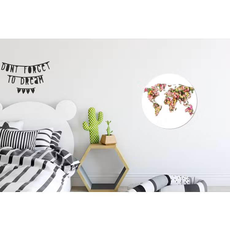 Wereldkaart - Bloemen - Felgekleurd Wandcirkel aluminium klein -kinderkamer