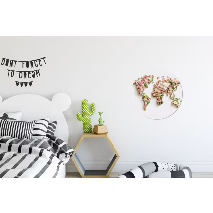 Wereldkaart - Bloemen - Subtiel Wandcirkel aluminium klein -kinderkamer