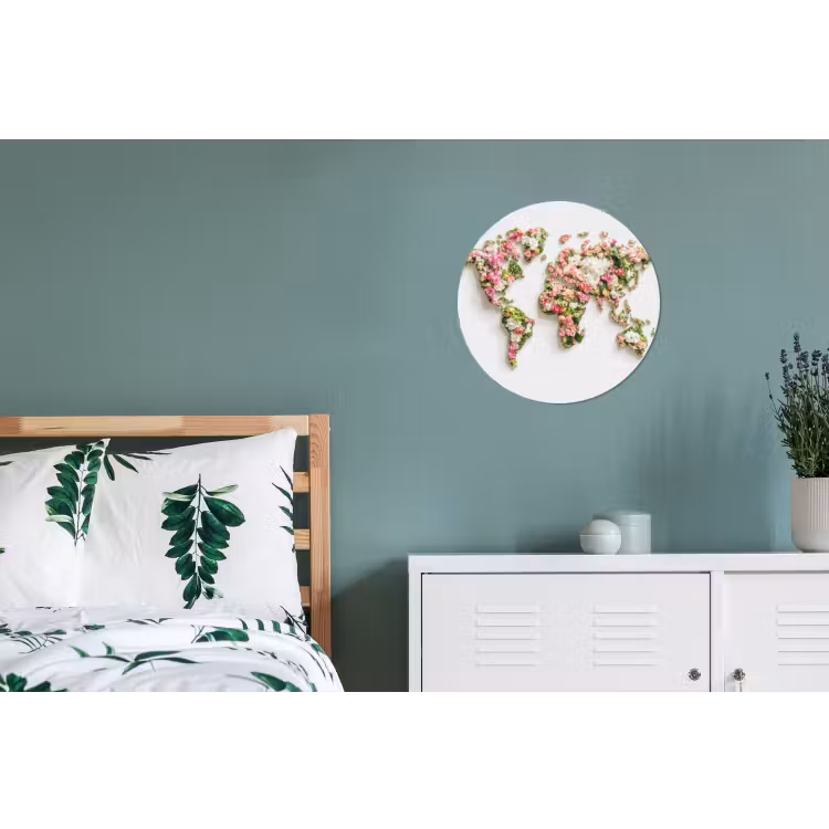 Wereldkaart - Bloemen - Subtiel Wandcirkel aluminium klein -slaapkamer