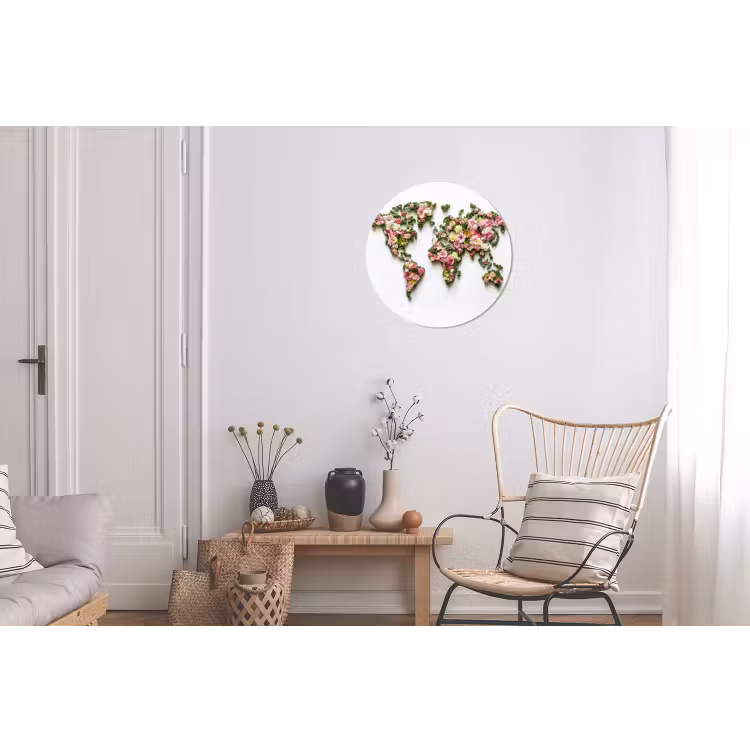 Wereldkaart - Kleurrijk - Bloemen - Lente Wandcirkel aluminium klein -woonkamer