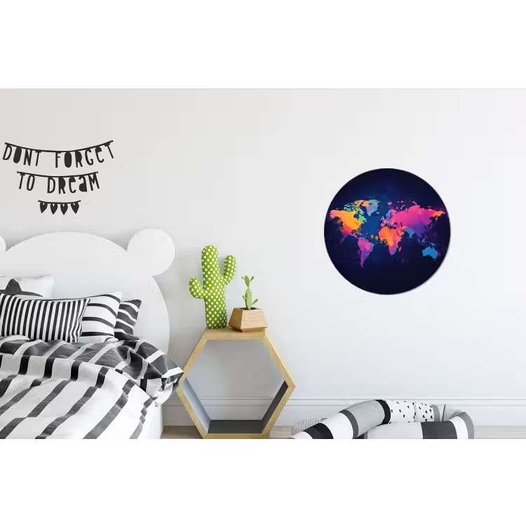 Wereldkaart - Kleurrijk - Graffiti Wandcirkel aluminium klein -kinderkamer