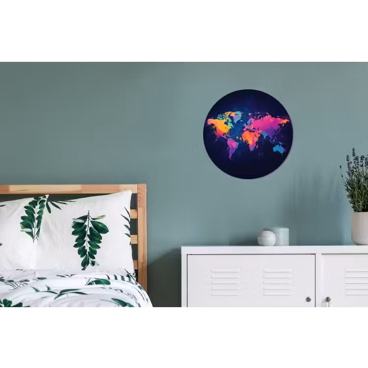 Wereldkaart - Kleurrijk - Graffiti Wandcirkel aluminium klein -slaapkamer