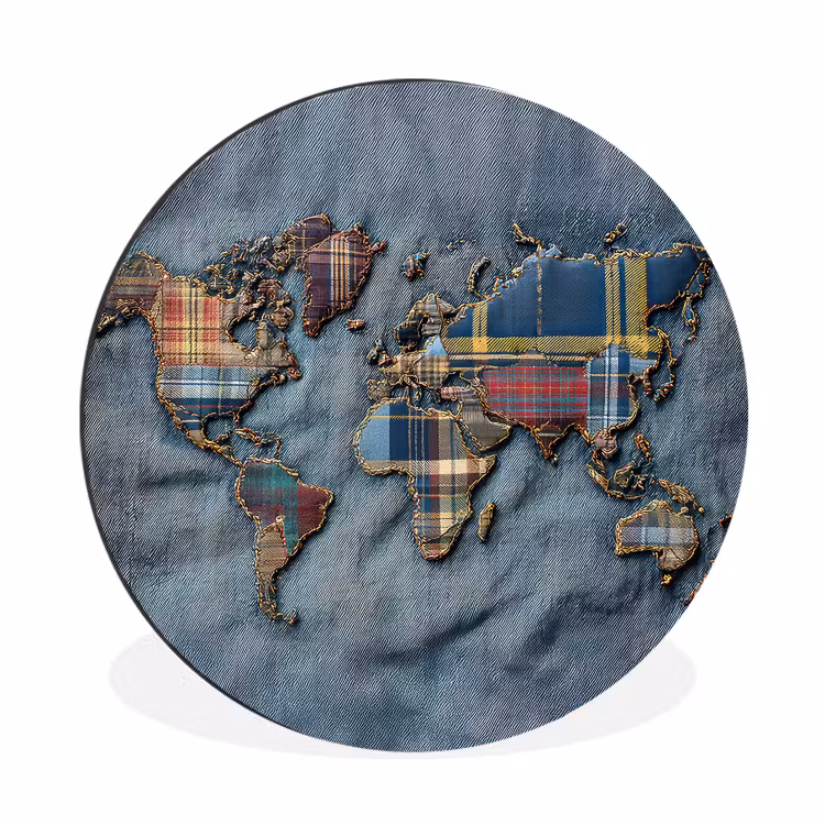 Wereldkaart - Denim - Textiel Wandcirkel aluminium klein -3d