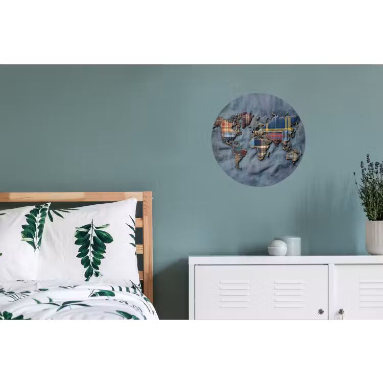 Wereldkaart - Denim - Textiel Wandcirkel aluminium klein -slaapkamer