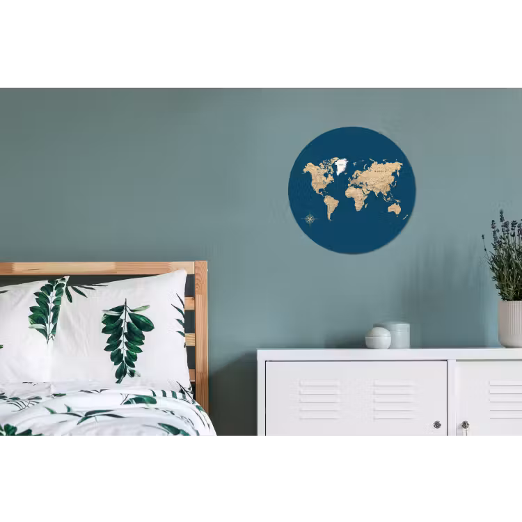 Wereldkaart - Donkerblauw - Beige Wandcirkel aluminium klein -slaapkamer