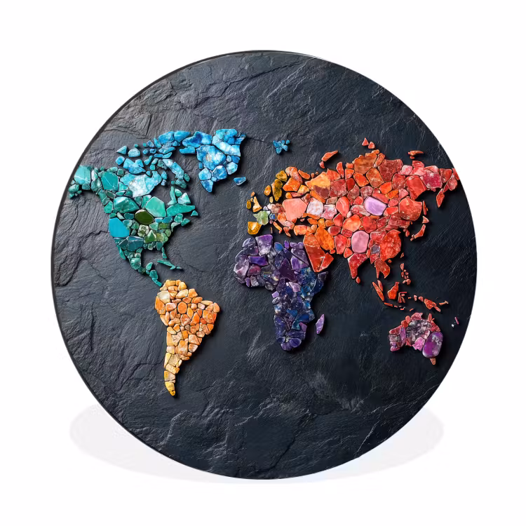 Wereldkaart - Edelstenen - Regenboog - Ruw Wandcirkel aluminium klein -3d