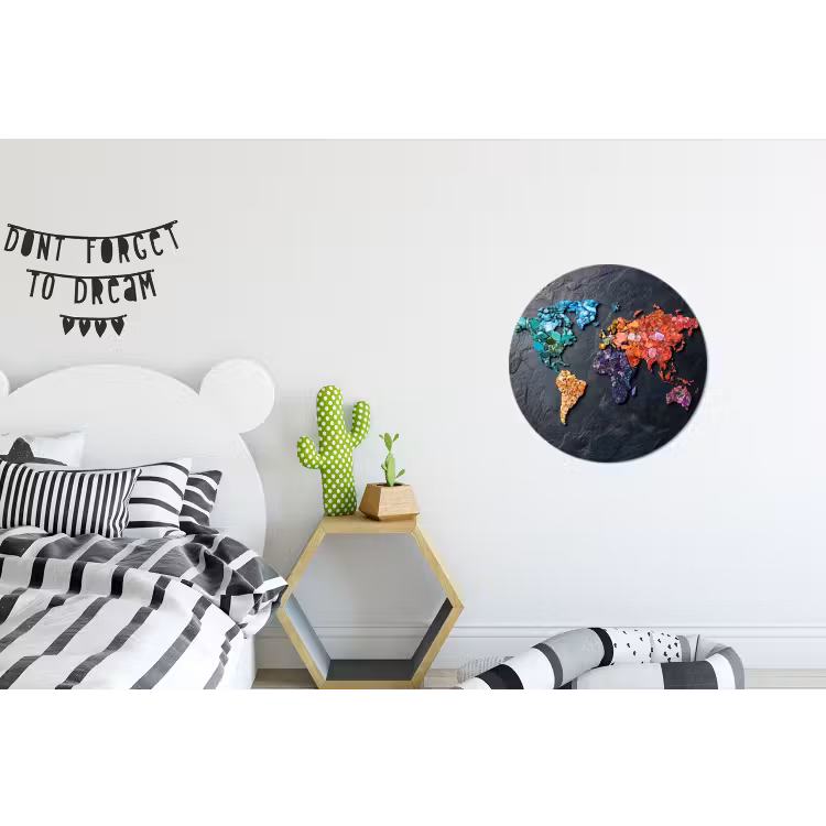 Wereldkaart - Edelstenen - Regenboog - Ruw Wandcirkel aluminium klein -kinderkamer
