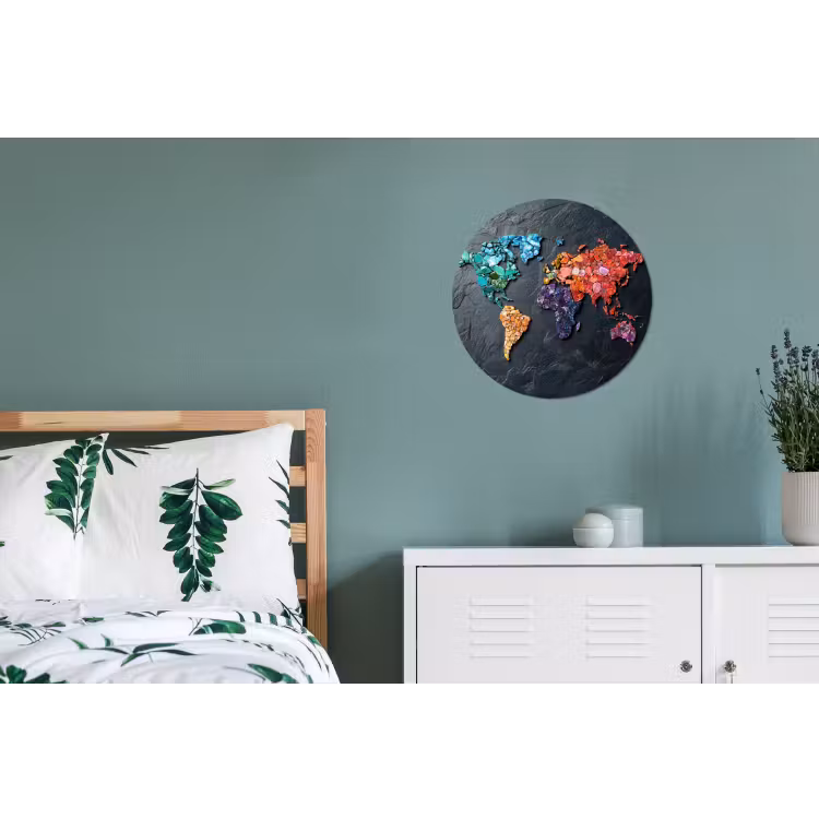 Wereldkaart - Edelstenen - Regenboog - Ruw Wandcirkel aluminium klein -slaapkamer