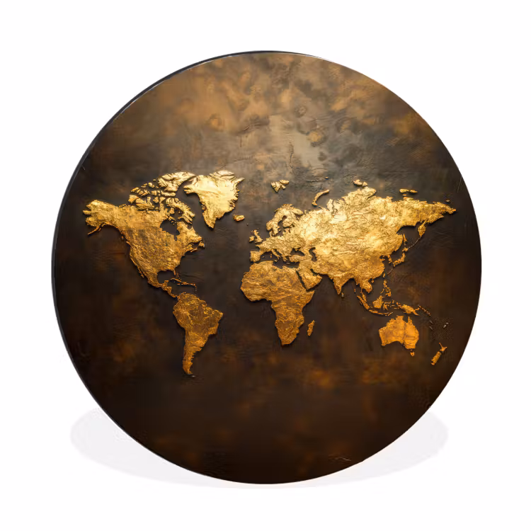 Wereldkaart - Goud - Roest Wandcirkel aluminium klein -3d