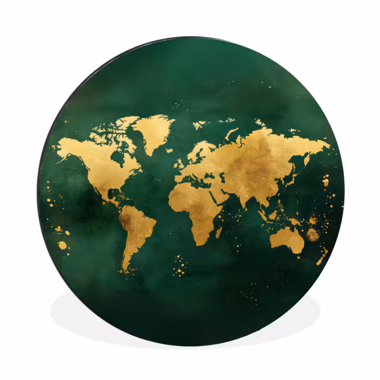Wereldkaart - Groen - Goud Wandcirkel aluminium klein -3d