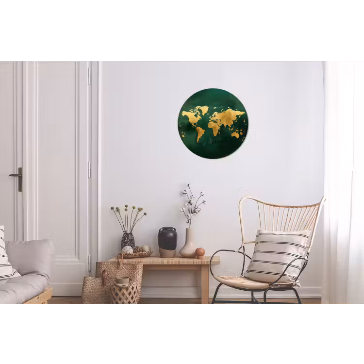 Wereldkaart - Groen - Goud Wandcirkel aluminium klein -woonkamer