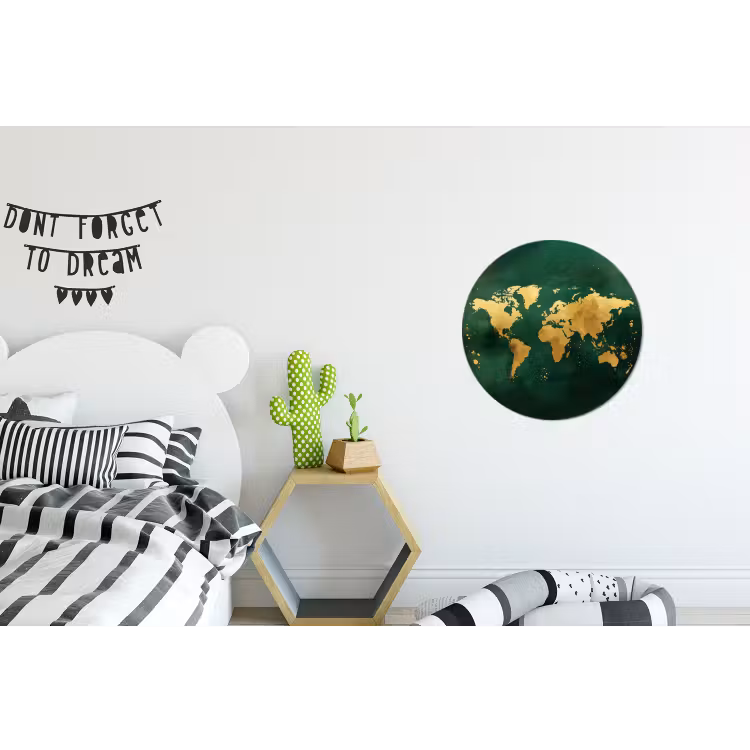 Wereldkaart - Groen - Goud Wandcirkel aluminium klein -kinderkamer