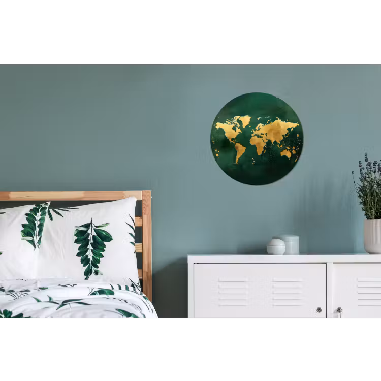 Wereldkaart - Groen - Goud Wandcirkel aluminium klein -slaapkamer