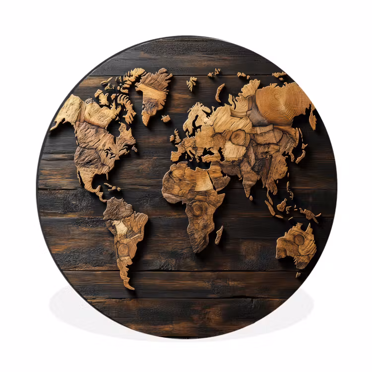 Wereldkaart - Hout - Mozaïek Wandcirkel aluminium klein -3d