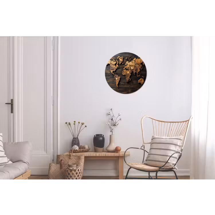 Wereldkaart - Hout - Mozaïek Wandcirkel aluminium klein -woonkamer