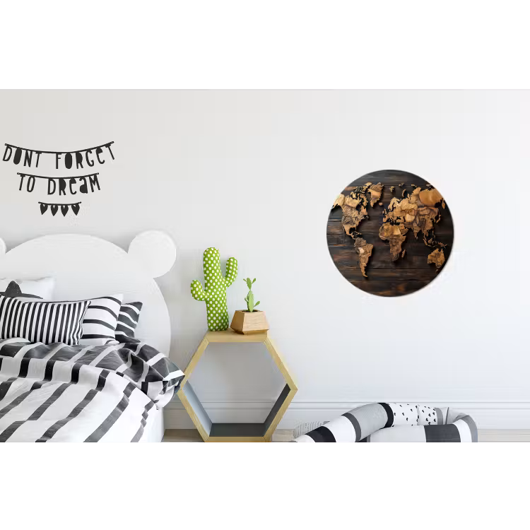 Wereldkaart - Hout - Mozaïek Wandcirkel aluminium klein -kinderkamer
