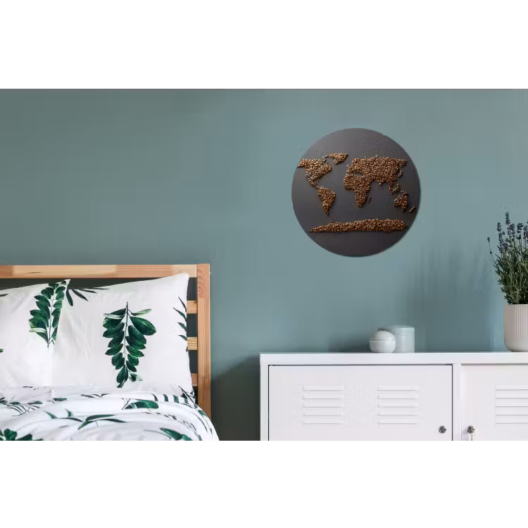 Wereldkaart - Koffie - Grijs Wandcirkel aluminium klein -slaapkamer