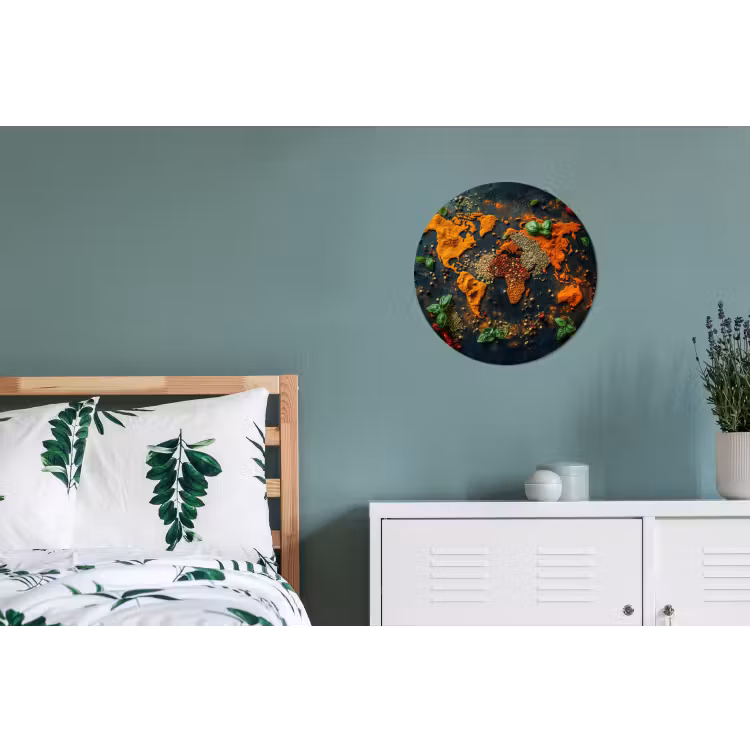 Wereldkaart - Kruiden - Levendige kleuren Wandcirkel aluminium klein -slaapkamer