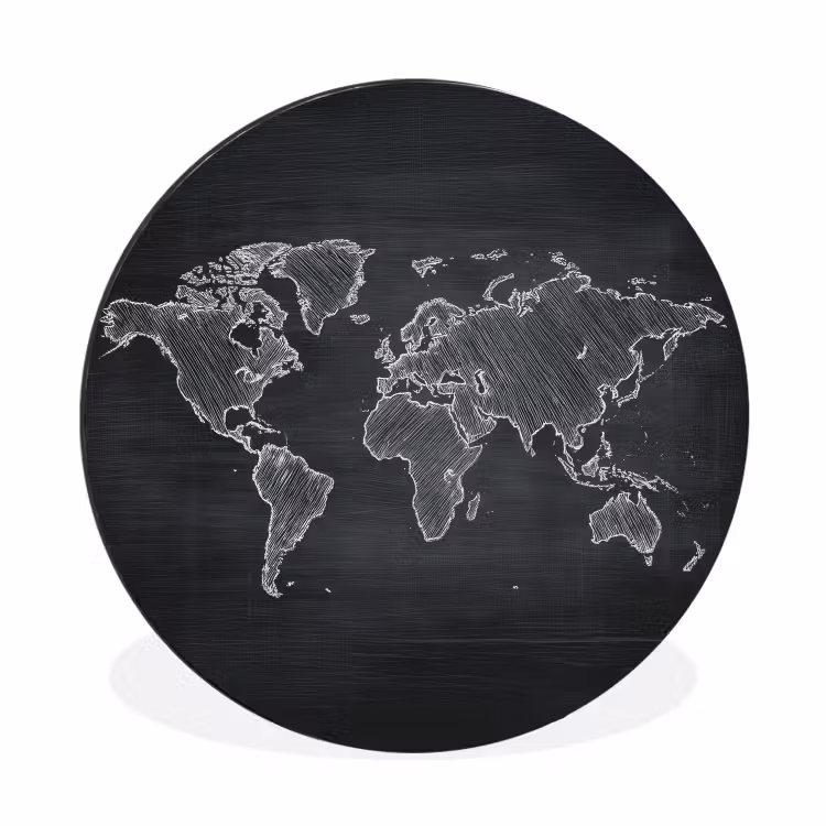 Wereldkaart - Krijt - Zwart - minimalistisch Wandcirkel aluminium klein -3d