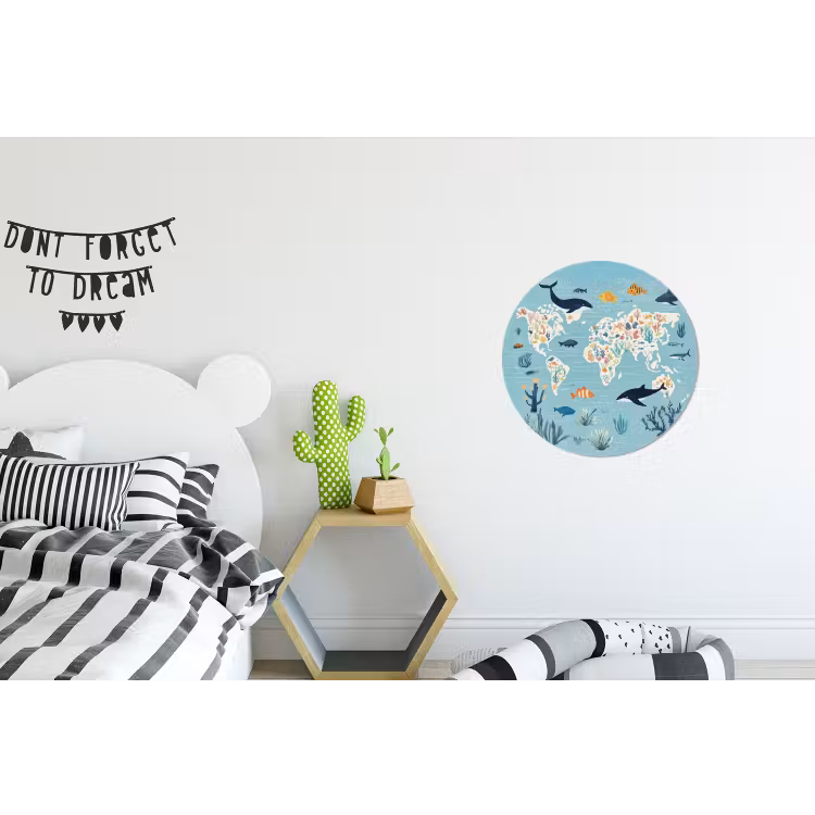 Wereldkaart - Zeeleven - Blauw Wandcirkel aluminium klein -kinderkamer