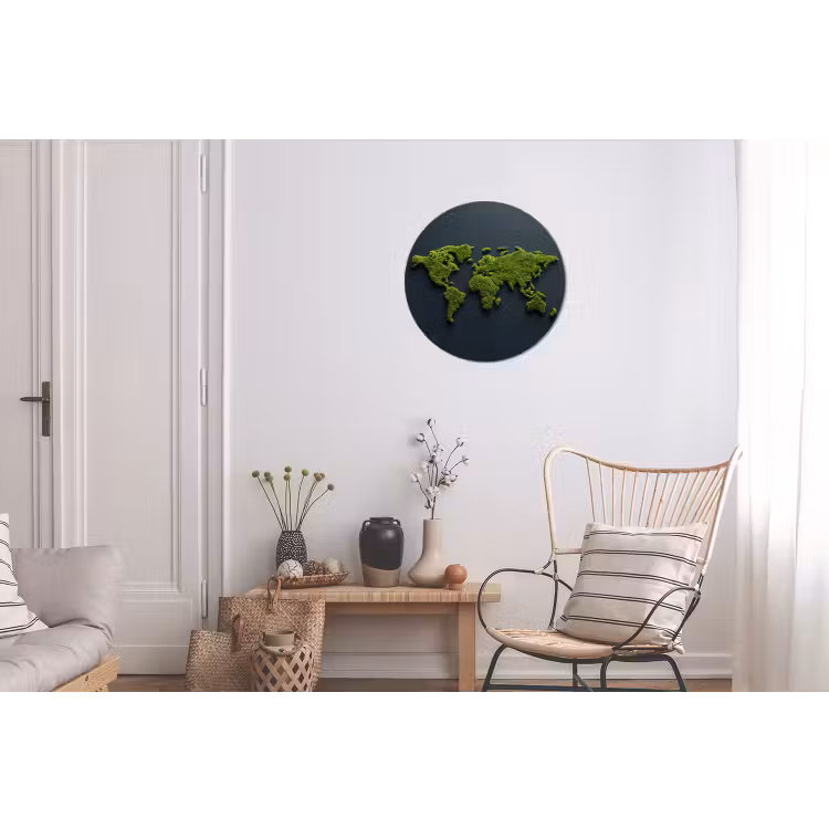 Wereldkaart - Mos -Levendig effect Wandcirkel aluminium klein -woonkamer
