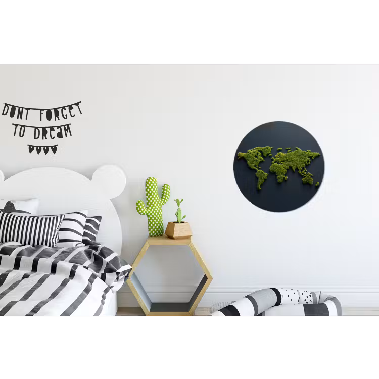 Wereldkaart - Mos -Levendig effect Wandcirkel aluminium klein -kinderkamer
