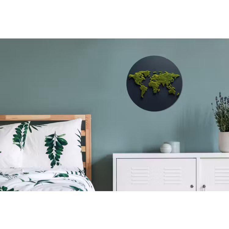 Wereldkaart - Mos -Levendig effect Wandcirkel aluminium klein -slaapkamer
