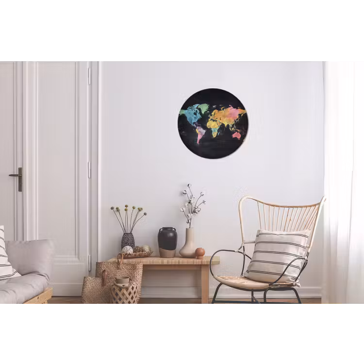 Wereldkaart - Krijtstrepen - Regenboog Wandcirkel aluminium klein -woonkamer