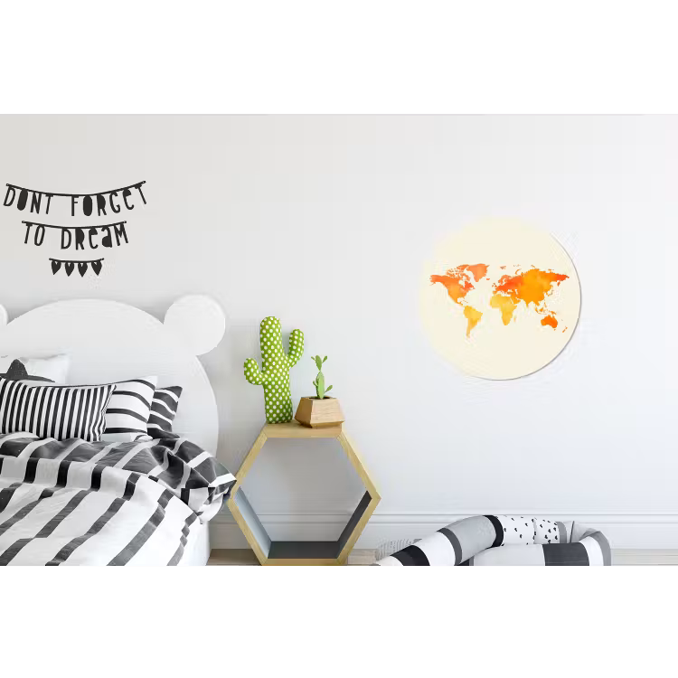 Wereldkaart - Oranje - Kleurrijk Wandcirkel aluminium klein -kinderkamer