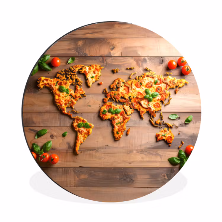 Wereldkaart - Pizza - Houten ondergrond Wandcirkel aluminium klein -3d