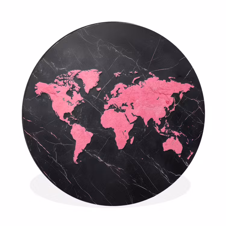 Wereldkaart - Roze - Marmer Wandcirkel aluminium klein -3d
